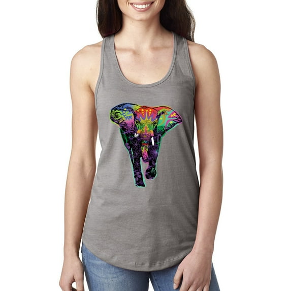 Wild Bobby, Colorful Rainbow Floral Elephant Animal Lover Ladies Racerback Tank Top, Heather Grey, X-Large