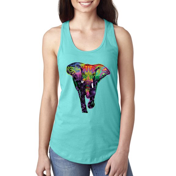 Wild Bobby, Colorful Rainbow Floral Elephant Animal Lover Ladies Racerback Tank Top, Tahiti Blue, X-Large