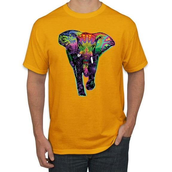 Wild Bobby, Colorful Rainbow Floral Elephant Animal Lover Men's Graphic T-Shirt, Gold, Medium