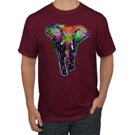 Wild Bobby, Colorful Rainbow Floral Elephant Animal Lover Men's Graphic T-Shirt, Maroon, Large