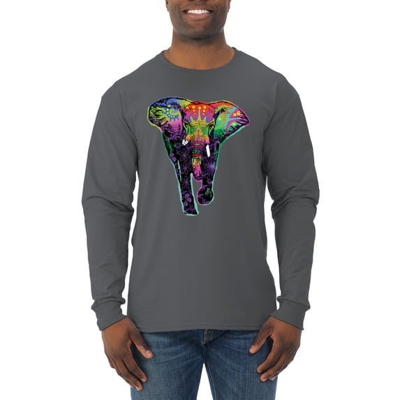 Wild Bobby, Colorful Rainbow Floral Elephant Animal Lover Mens Long Sleeve Shirt, Charcoal, 2XL