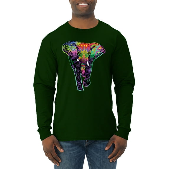 Wild Bobby, Colorful Rainbow Floral Elephant Animal Lover Mens Long Sleeve Shirt, Forest Green, 3XL