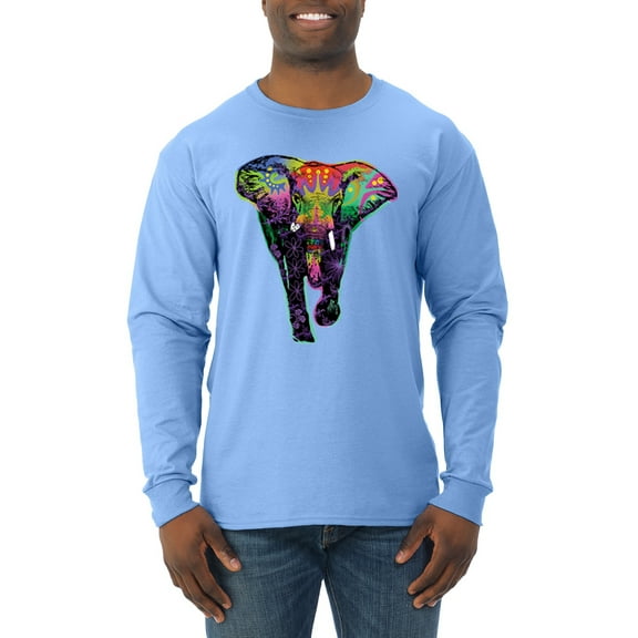 Wild Bobby, Colorful Rainbow Floral Elephant Animal Lover Mens Long Sleeve Shirt, Light Blue, Small