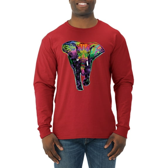 Wild Bobby, Colorful Rainbow Floral Elephant Animal Lover Mens Long Sleeve Shirt, Red, Large
