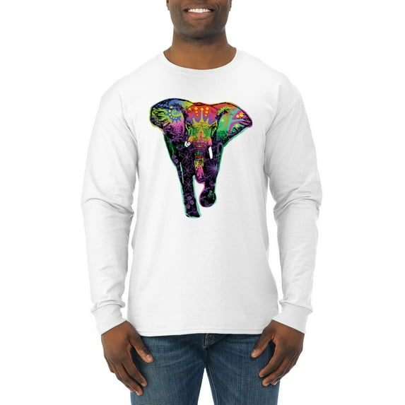 Wild Bobby, Colorful Rainbow Floral Elephant Animal Lover Mens Long Sleeve Shirt, White, 3XL
