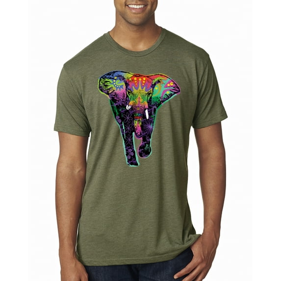 Wild Bobby, Colorful Rainbow Floral Elephant Animal Lover Mens Premium Tri Blend T-Shirt, Military Green, X-Large