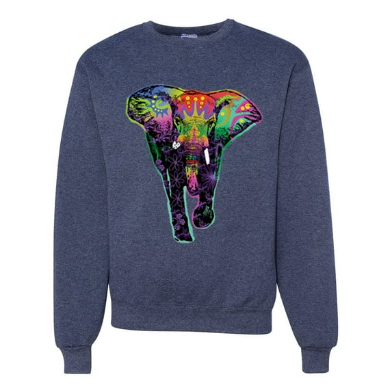 Wild Bobby, Colorful Rainbow Floral Elephant Animal Lover Unisex Crewneck Graphic Sweatshirt, Vintage Heather Navy, Large