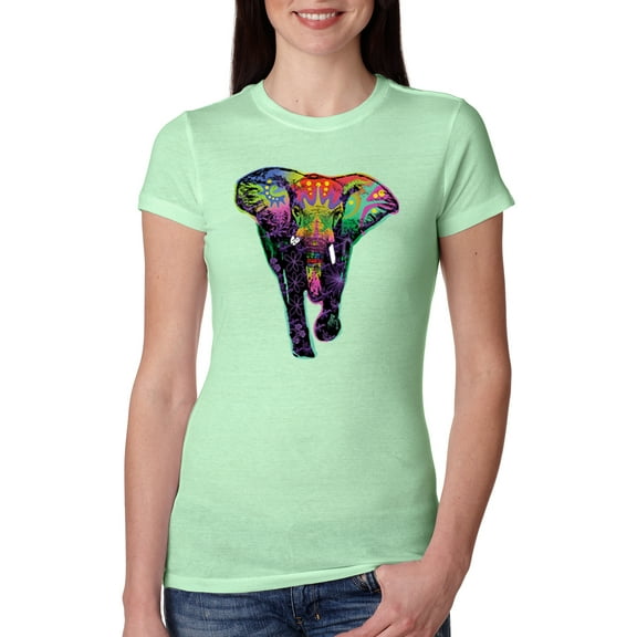 Wild Bobby, Colorful Rainbow Floral Elephant Animal Lover Womens Slim Fit Junior Tee, Mint, Small