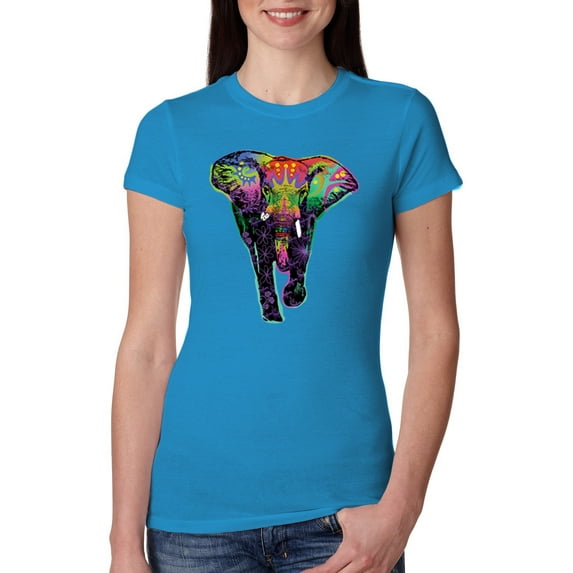 Colorful Rainbow Floral Elephant Animal Lover Womens Slim Fit Junior Tee, Turquoise, Large