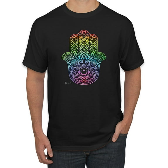 Wild Bobby, Colorful Rainbow Hamsa Symbol Spiritual Yoga, Pop Culture, Men Graphic Tees, Black, Small