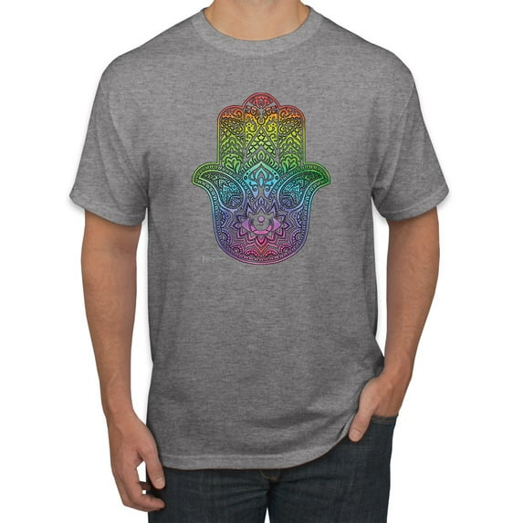 Wild Bobby, Colorful Rainbow Hamsa Symbol Spiritual Yoga, Pop Culture, Men Graphic Tees, Heather Grey, Small