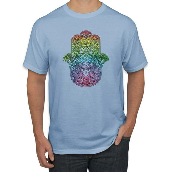 Wild Bobby, Colorful Rainbow Hamsa Symbol Spiritual Yoga, Pop Culture, Men Graphic Tees, Light Blue, 4XL