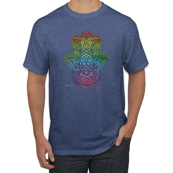 Wild Bobby, Colorful Rainbow Hamsa Symbol Spiritual Yoga, Pop Culture, Men Graphic Tees, Vintage Heather Blue, Large
