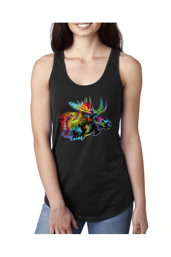 , Colorful Rainbow Moose Head Wildlife Animal Lover Ladies Racerback Tank Top, Black, Medium