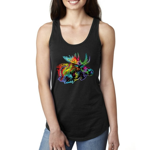 Wild Bobby, Colorful Rainbow Moose Head Wildlife Animal Lover Ladies Racerback Tank Top, Black, Small