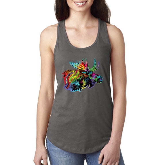 Wild Bobby, Colorful Rainbow Moose Head Wildlife Animal Lover Ladies Racerback Tank Top, Dark Grey, X-Large