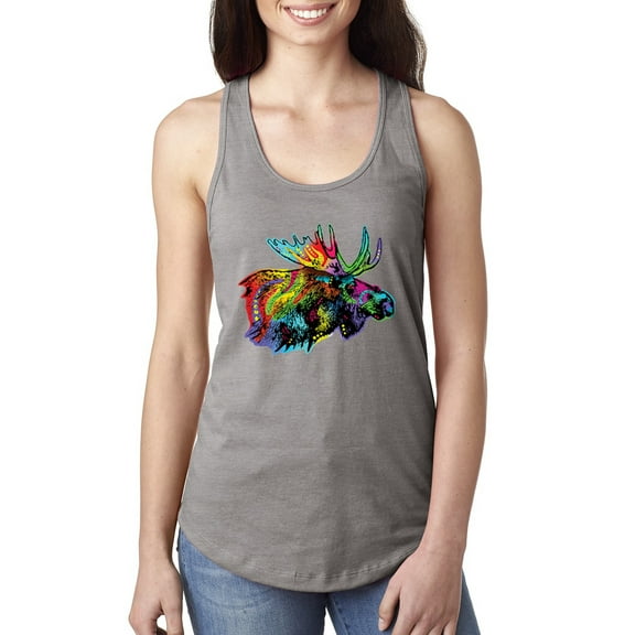 Wild Bobby, Colorful Rainbow Moose Head Wildlife Animal Lover Ladies Racerback Tank Top, Heather Grey, Medium