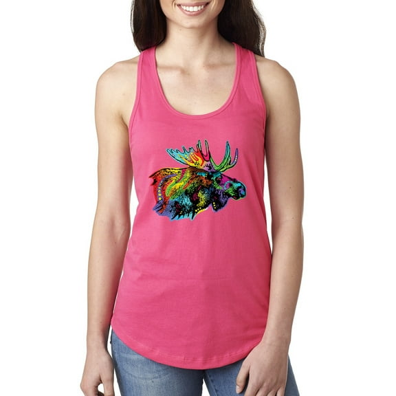 Wild Bobby, Colorful Rainbow Moose Head Wildlife Animal Lover Ladies Racerback Tank Top, Hot Pink, X-Large