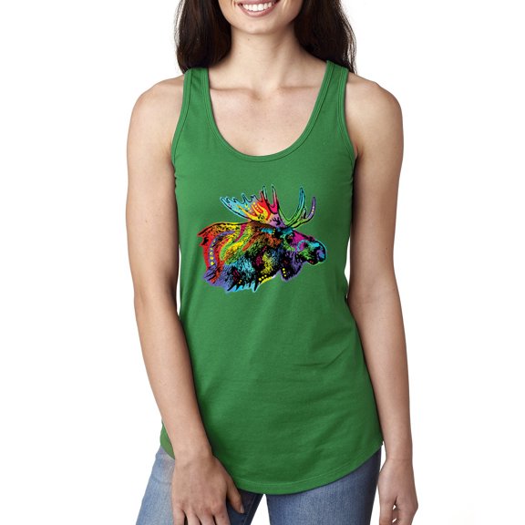 Wild Bobby, Colorful Rainbow Moose Head Wildlife Animal Lover Ladies Racerback Tank Top, Kelly, X-Large