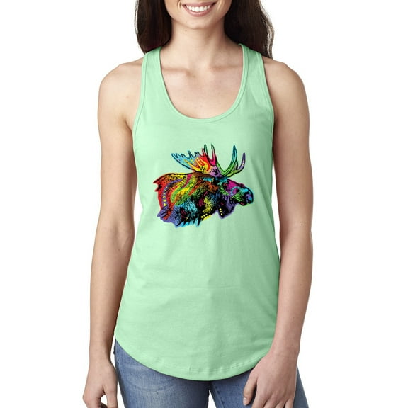 Wild Bobby, Colorful Rainbow Moose Head Wildlife Animal Lover Ladies Racerback Tank Top, Mint, Medium