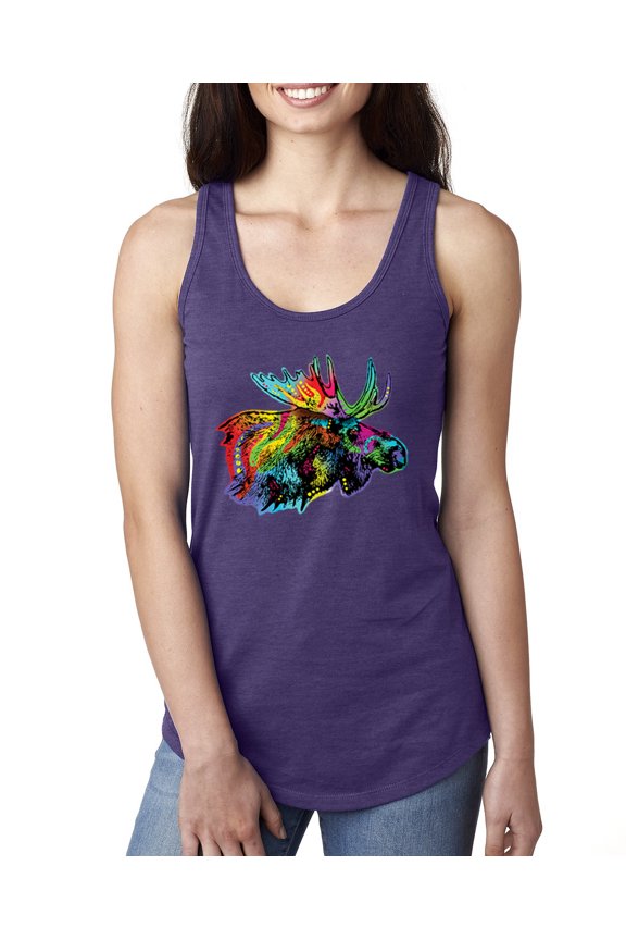 , Colorful Rainbow Moose Head Wildlife Animal Lover Ladies Racerback Tank Top, Purple Rush, Small