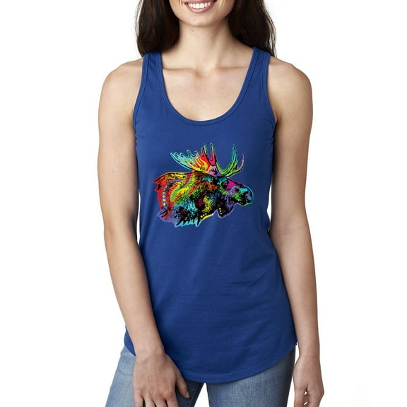 Wild Bobby, Colorful Rainbow Moose Head Wildlife Animal Lover Ladies Racerback Tank Top, Royal, Small