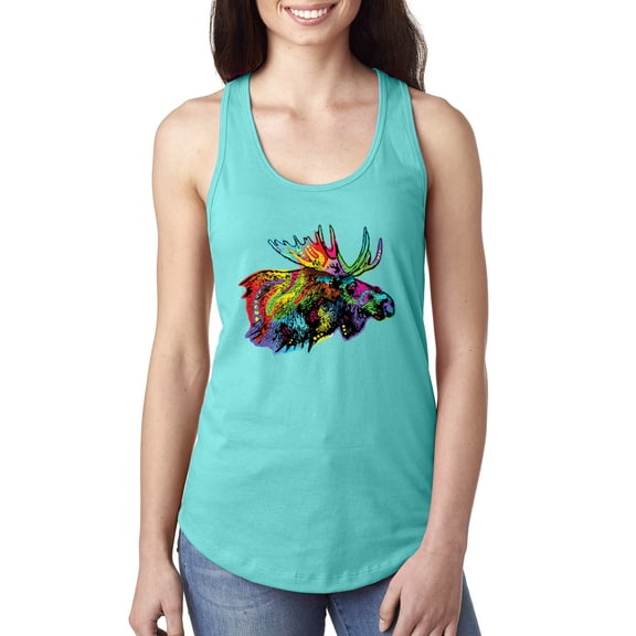 Wild Bobby, Colorful Rainbow Moose Head Wildlife Animal Lover Ladies Racerback Tank Top, Tahiti Blue, Medium