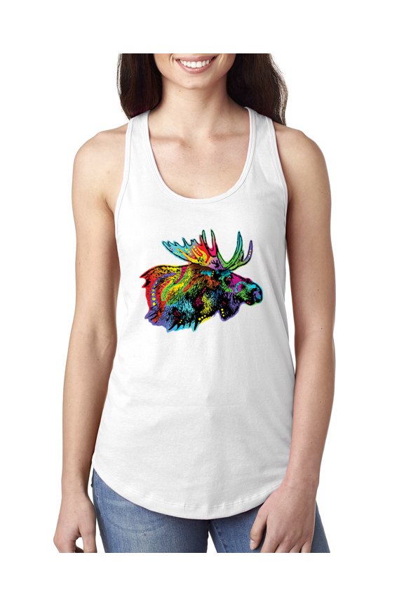 , Colorful Rainbow Moose Head Wildlife Animal Lover Ladies Racerback Tank Top, White, Large