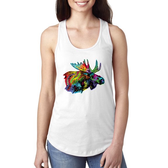 Wild Bobby, Colorful Rainbow Moose Head Wildlife Animal Lover Ladies Racerback Tank Top, White, X-Large