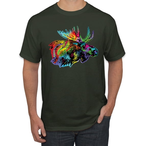 Wild Bobby, Colorful Rainbow Moose Head Wildlife Animal Lover Men's Graphic T-Shirt, Forest Green, 4XL