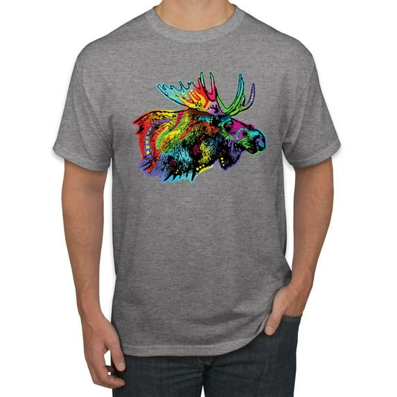 Wild Bobby, Colorful Rainbow Moose Head Wildlife Animal Lover Men's Graphic T-Shirt, Heather Grey, Medium