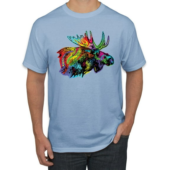 Wild Bobby, Colorful Rainbow Moose Head Wildlife Animal Lover Men's Graphic T-Shirt, Light Blue, 4XL