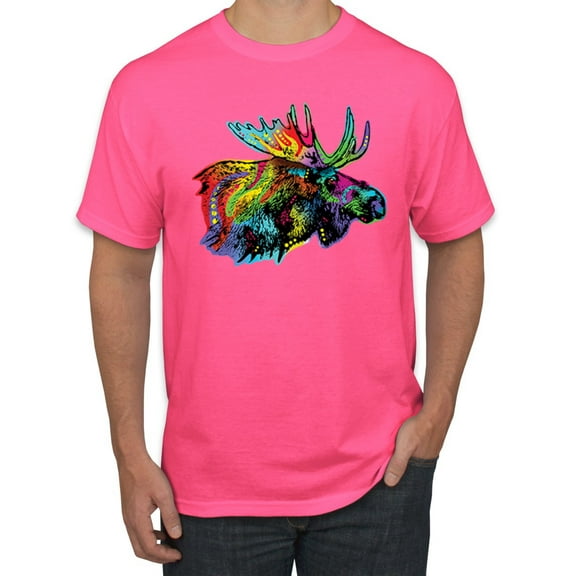 Wild Bobby, Colorful Rainbow Moose Head Wildlife Animal Lover Men's Graphic T-Shirt, Neon Pink, Small