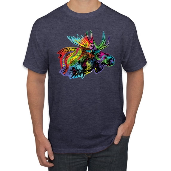 Wild Bobby, Colorful Rainbow Moose Head Wildlife Animal Lover Men's Graphic T-Shirt, Vintage Heather Navy, 4XL