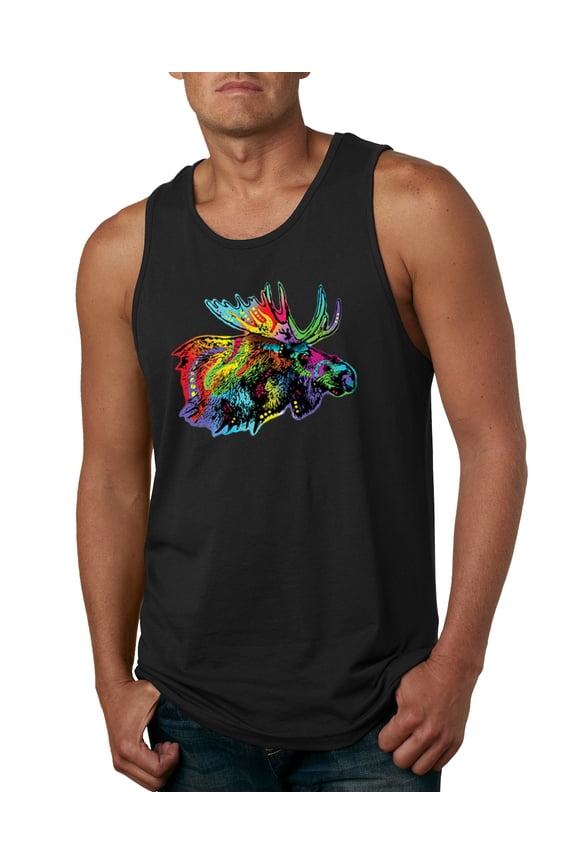 , Colorful Rainbow Moose Head Wildlife Animal Lover Mens Graphic Tank Top, Black, Medium