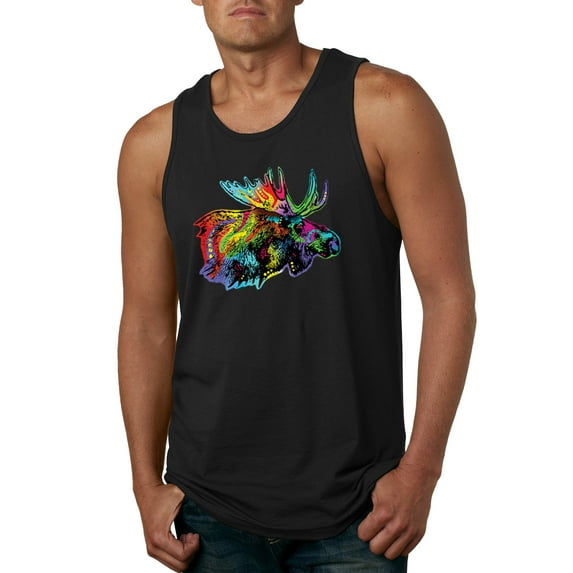 Wild Bobby, Colorful Rainbow Moose Head Wildlife Animal Lover Mens Graphic Tank Top, Black, Small