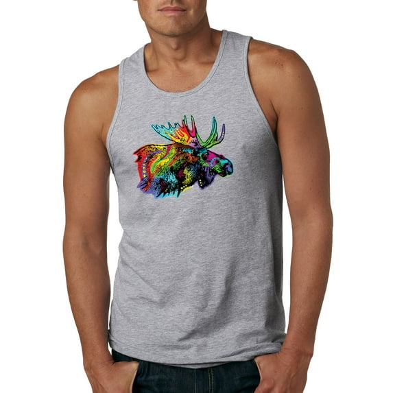 Wild Bobby, Colorful Rainbow Moose Head Wildlife Animal Lover Mens Graphic Tank Top, Heather Grey, 2XL