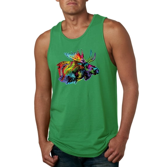 Wild Bobby, Colorful Rainbow Moose Head Wildlife Animal Lover Mens Graphic Tank Top, Kelly, 3XL