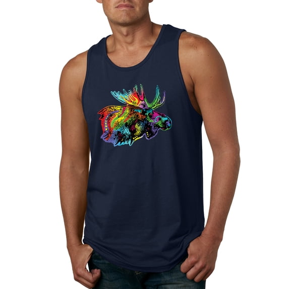 Wild Bobby, Colorful Rainbow Moose Head Wildlife Animal Lover Mens Graphic Tank Top, Navy, X-Large