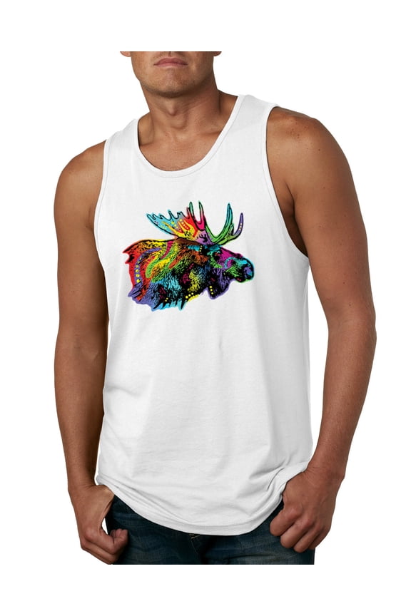, Colorful Rainbow Moose Head Wildlife Animal Lover Mens Graphic Tank Top, White, Small
