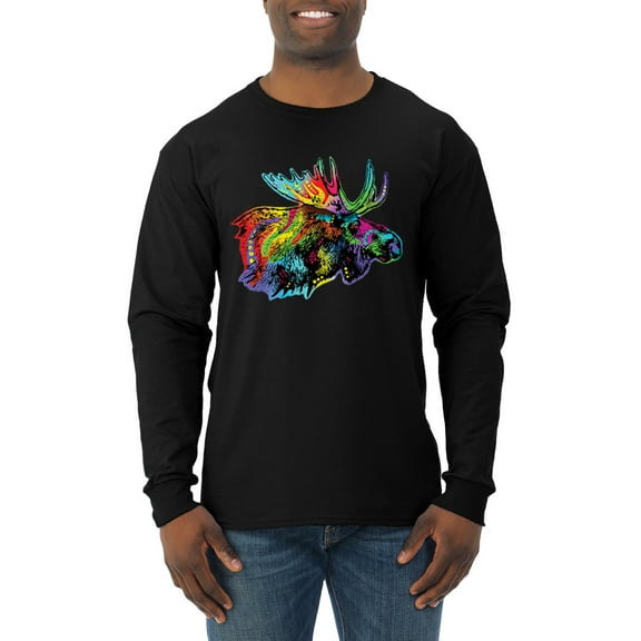 Wild Bobby, Colorful Rainbow Moose Head Wildlife Animal Lover Mens Long Sleeve Shirt, Black, Small