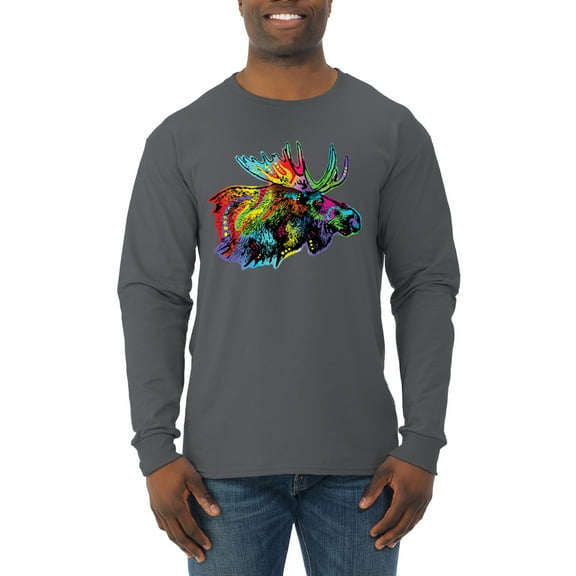 Wild Bobby, Colorful Rainbow Moose Head Wildlife Animal Lover Mens Long Sleeve Shirt, Charcoal, Small