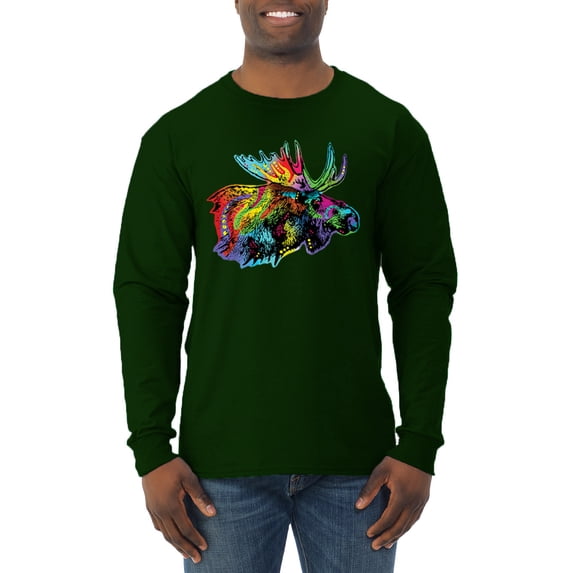 Wild Bobby, Colorful Rainbow Moose Head Wildlife Animal Lover Mens Long Sleeve Shirt, Forest Green, 3XL