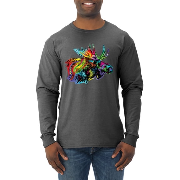 Wild Bobby, Colorful Rainbow Moose Head Wildlife Animal Lover Mens Long Sleeve Shirt, Heather Black, 3XL