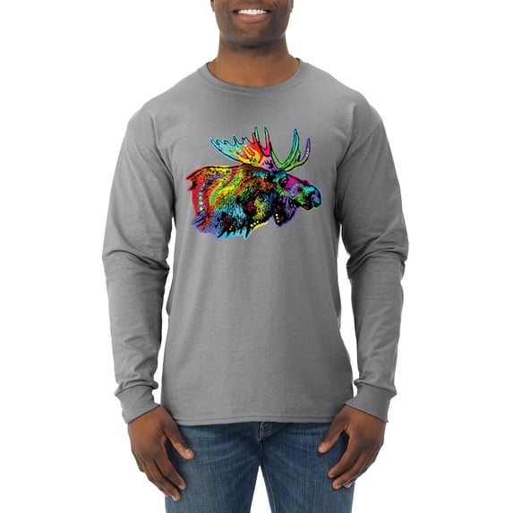 Wild Bobby, Colorful Rainbow Moose Head Wildlife Animal Lover Mens Long Sleeve Shirt, Heather Grey, Small
