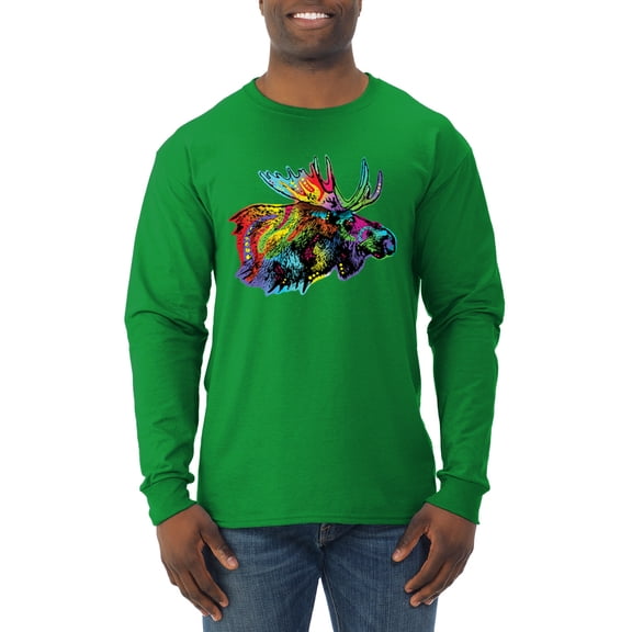 Wild Bobby, Colorful Rainbow Moose Head Wildlife Animal Lover Mens Long Sleeve Shirt, Kelly, X-Large