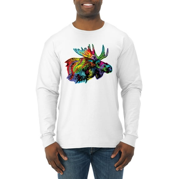 Wild Bobby, Colorful Rainbow Moose Head Wildlife Animal Lover Mens Long Sleeve Shirt, White, Large