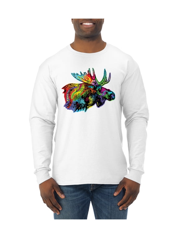 , Colorful Rainbow Moose Head Wildlife Animal Lover Mens Long Sleeve Shirt, White, Medium
