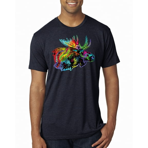 Wild Bobby, Colorful Rainbow Moose Head Wildlife Animal Lover Mens Premium Tri Blend T-Shirt, Vintage Navy, 2XL