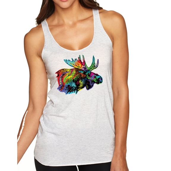 Wild Bobby, Colorful Rainbow Moose Head Wildlife Animal Lover Tri-Blend Racerback Tank Top, Heather White, Small